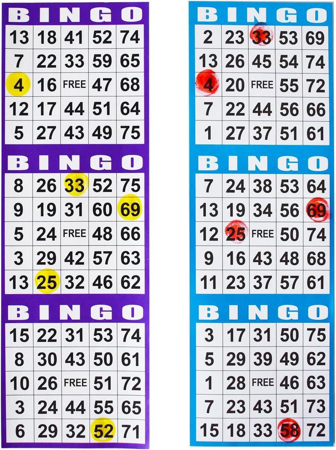 Bingo Paper Game Cards 4×12 Inches 3 Card Sets 100 Books 10 Colors