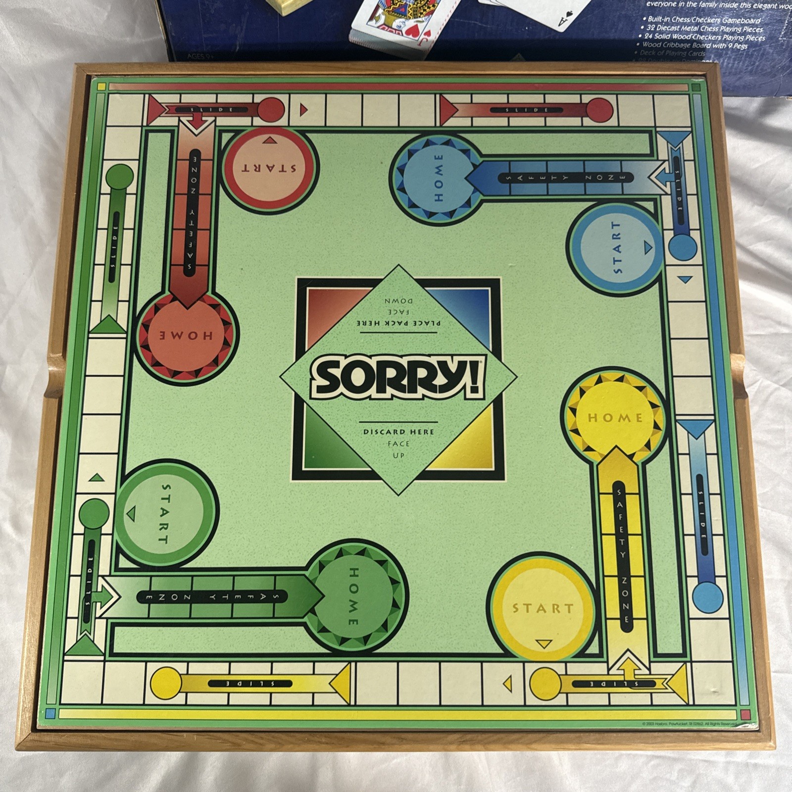 MONOPOLY SORRY Plus 6 Classic Games Tabletop Solid Wood Cabinet – Incomplete