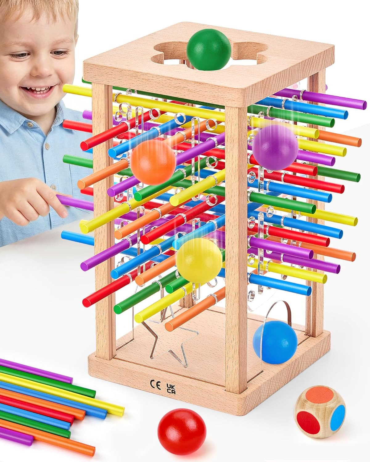 Montessori Wooden Board Game with 42 Colorful Sticks for Kids Ages 3-6