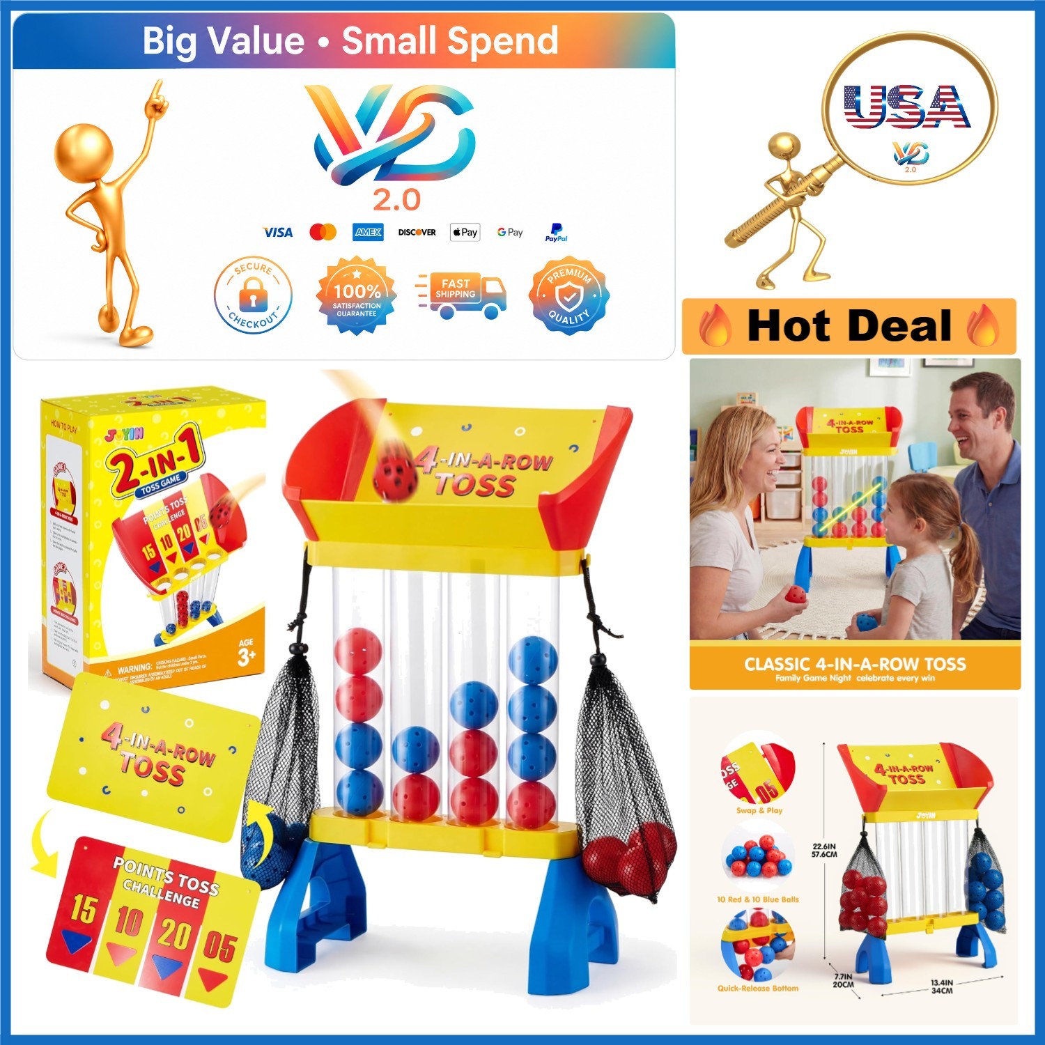 Giant 4-in-a-Row Toss & Score Game for Kids Adults Indoor Outdoor Yard