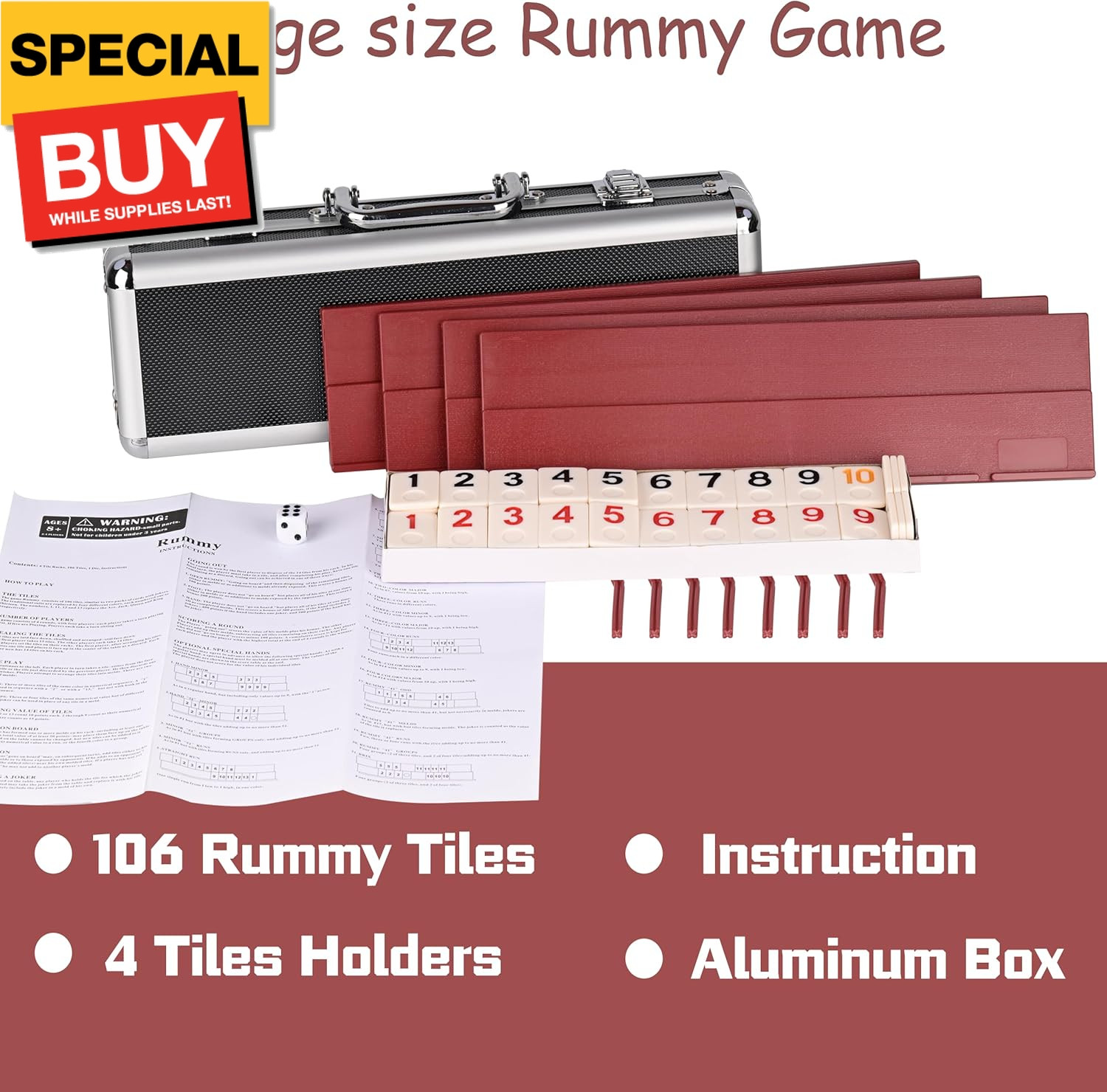 Rummy 106 Tiles Large Rummy with 4 Sturdy Racks& Instructions Rummy Tiles with A
