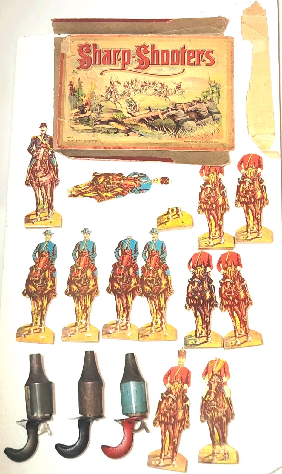 Antique Sharp-Shooters Action Game Milton Bradley 1913 Box Lid 2 Extra Shooters