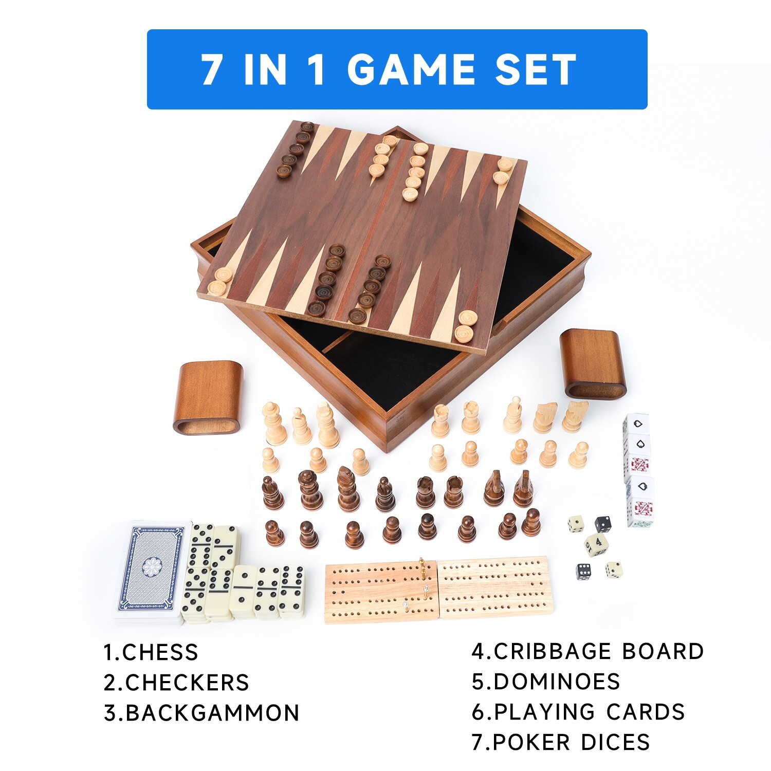 7-in-1 Chess/Checkers/Backgammon/Dominoes/Poker&Dice/Cribbage Board Game Set