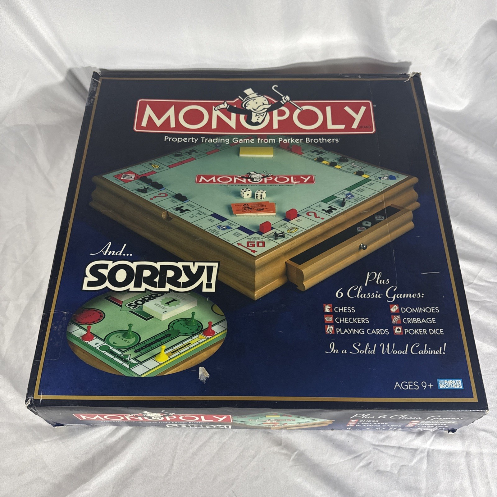 MONOPOLY SORRY Plus 6 Classic Games Tabletop Solid Wood Cabinet – Incomplete