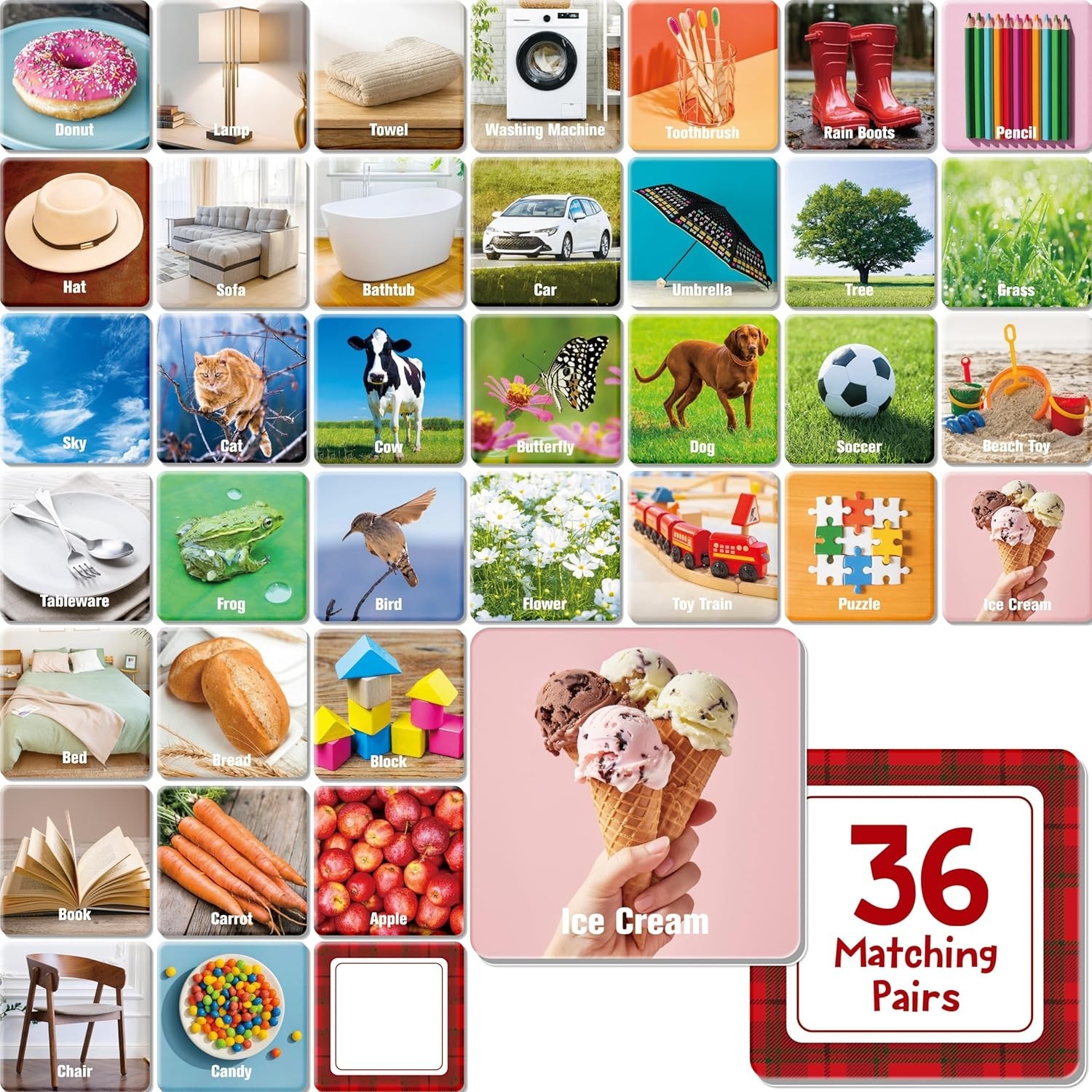 Daily Items Memory Card Game – 72 Thickened Cards for Cognitive Skills Growth