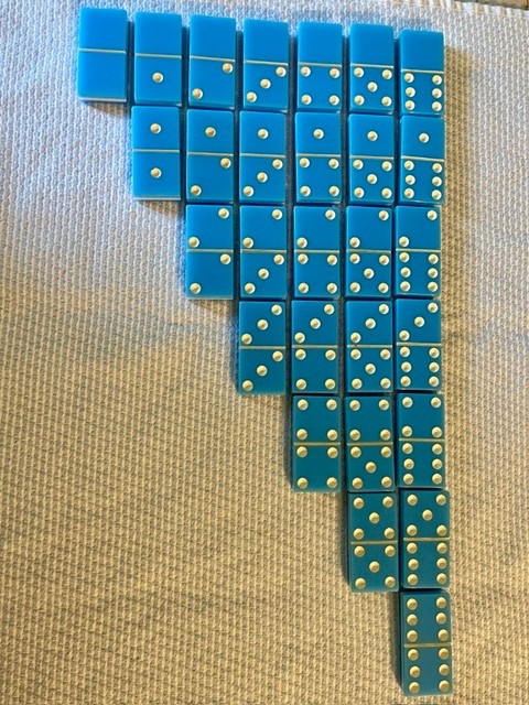 Vintage Two-Tone Blue and White Double Six Dominoes Complete 28 Set Wood Box