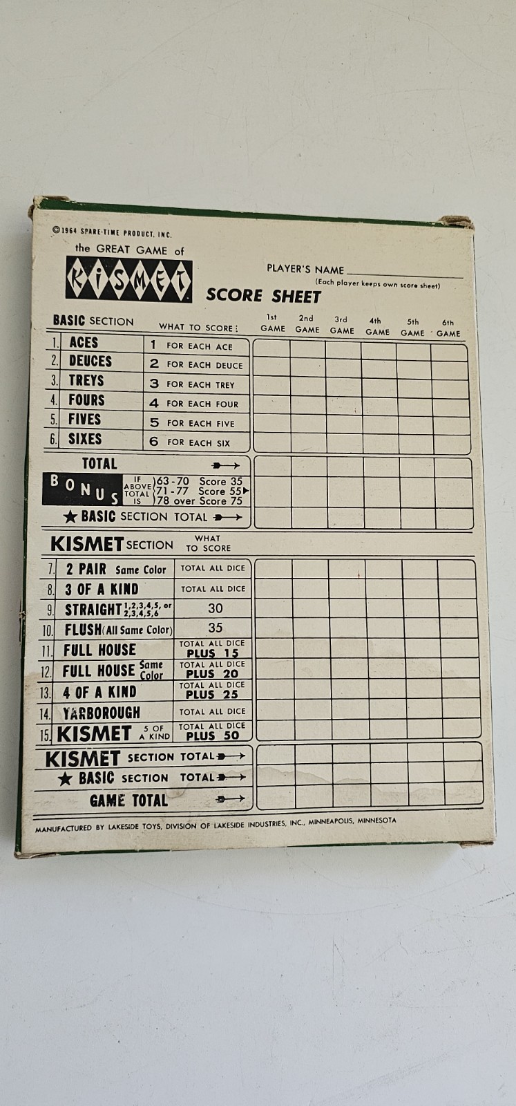Score Pads for Kismet Dice Game (1970) score pads only