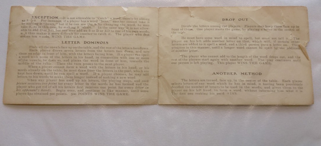 EARLY 1900’S VINTAGE INSTRUCTIONS FOR PARKER BROTHERS’ ANAGRAMS & LETTERS GAME