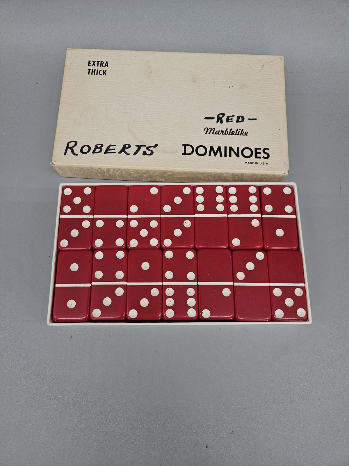 Vintage Extra Thick Marblelike Dominoes Puremco Mfg. Red W/ Box