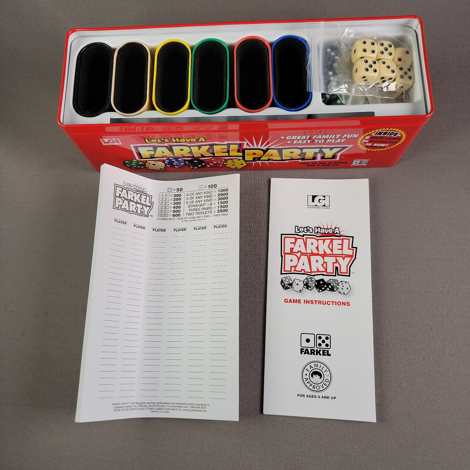 Farkel Party Dice Game Complete w. score cards & instructions original metal box