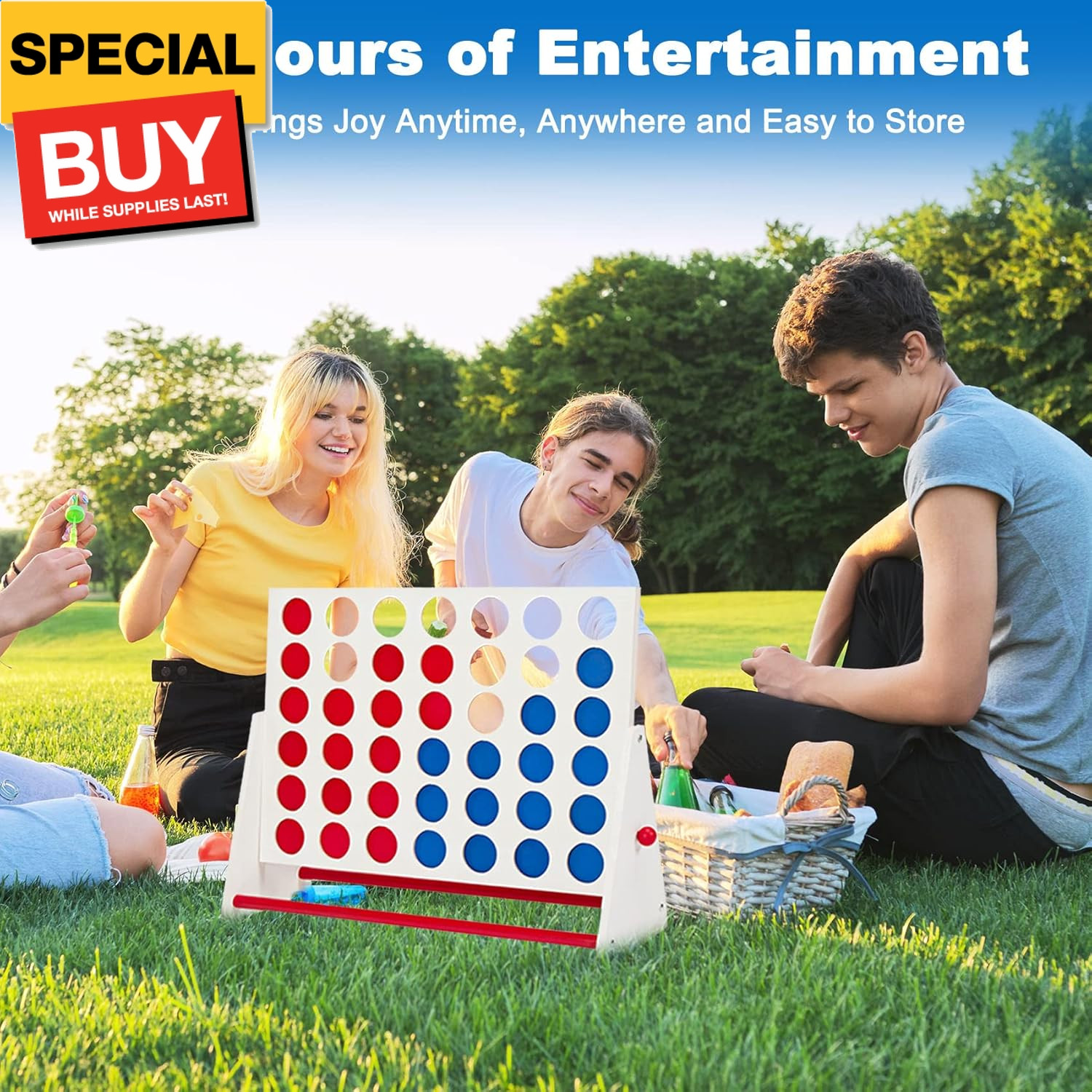 Portable Wooden 4 in a Row Game, Classic Wooden 4-to-Score Game Set with Coins &