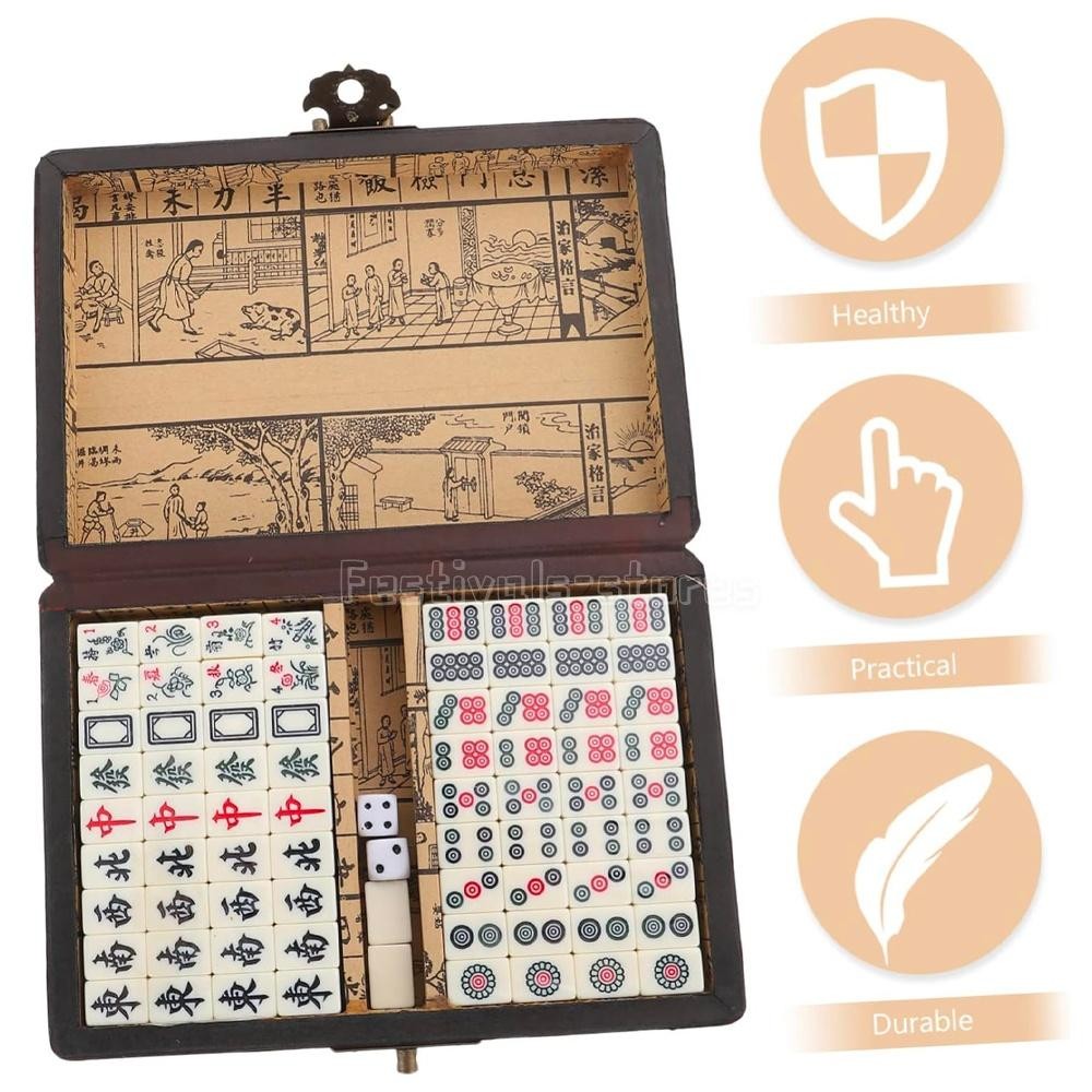 Vintage Chinese Mahjong Set Traditional 144 Tiles Mah-Jong Game Set w/ Case Box