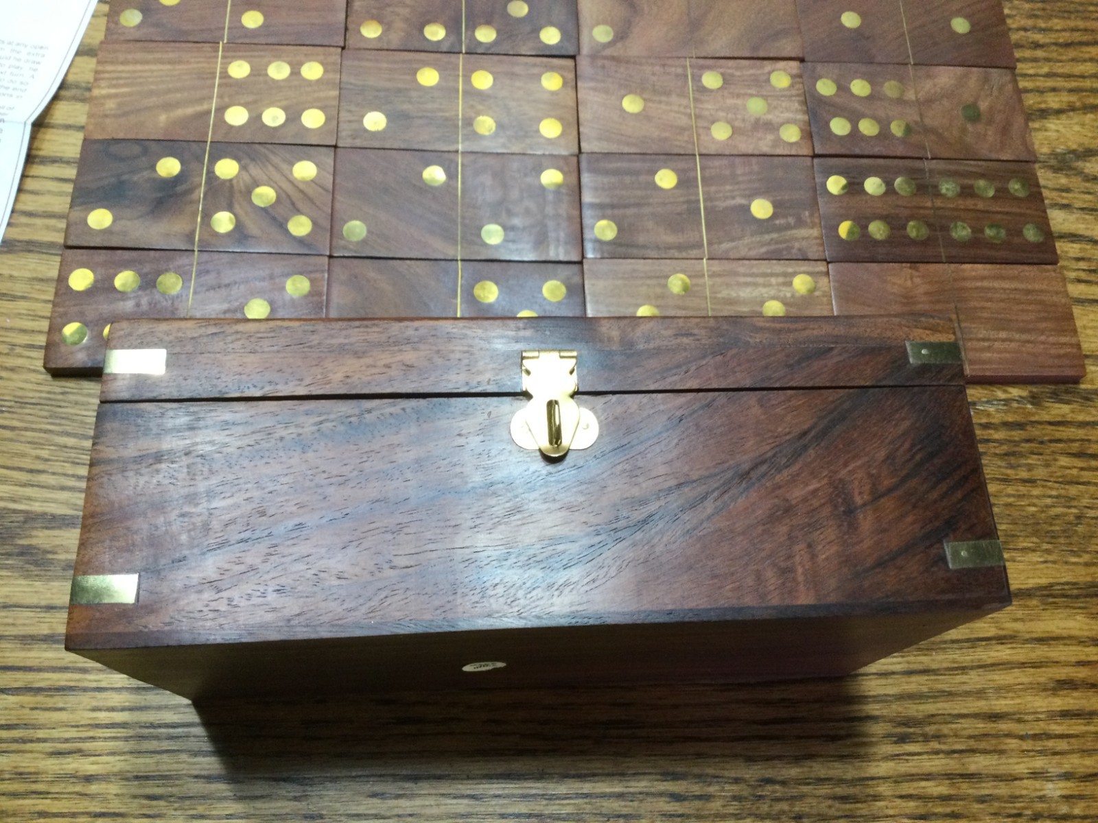 Wooden Domino Set with 28 Brass Inlay on 4″ x 1 7/8″ Tiles & Storage Box