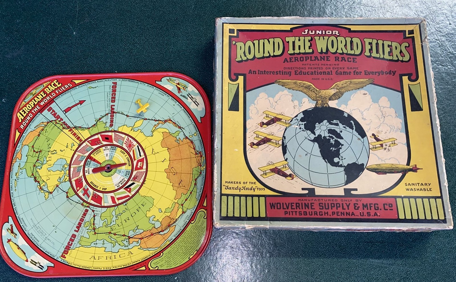 Antique Wolverine Round the World fliers metal lithographed board game in box!