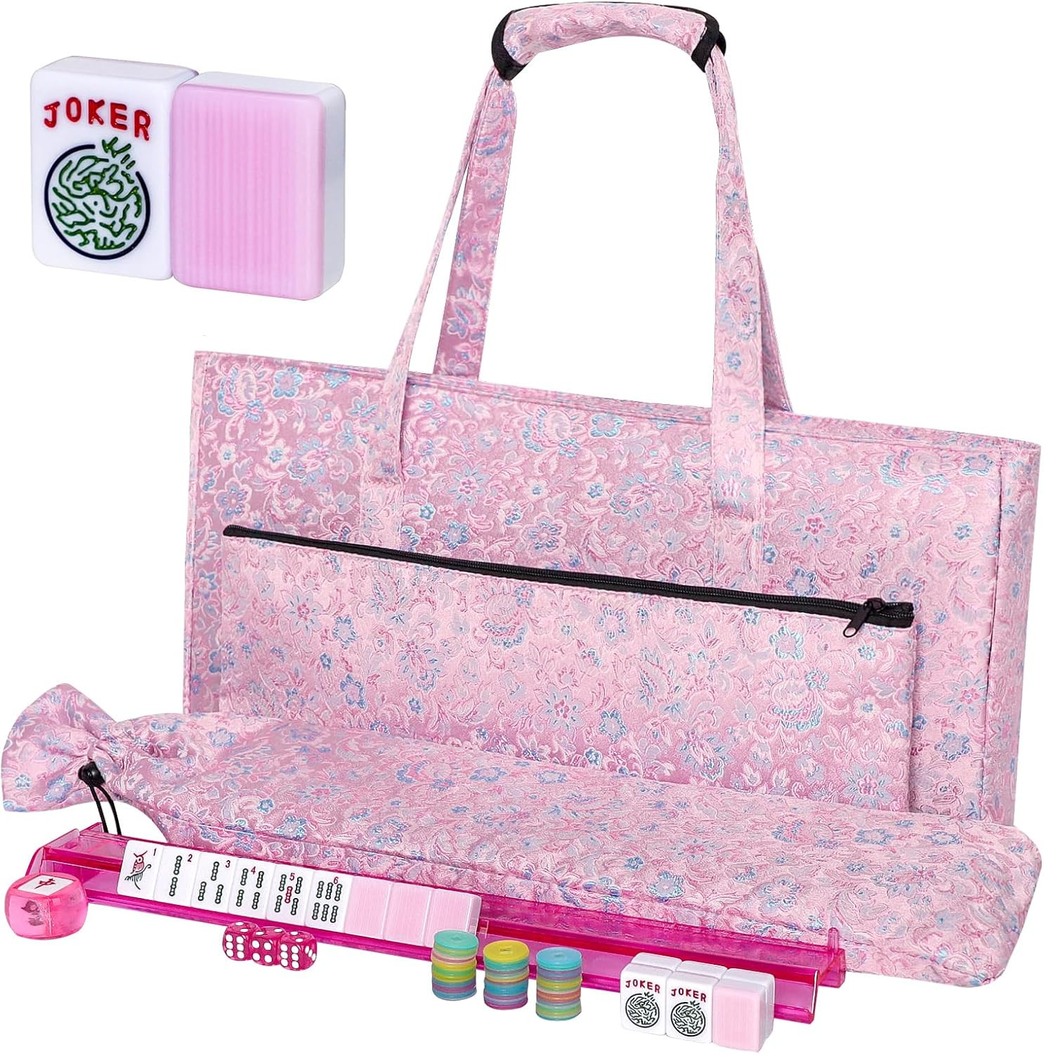 American Mahjong Game Set, 166 Pink Tiles, Pink Bag and Entire Accessories, 4 Al