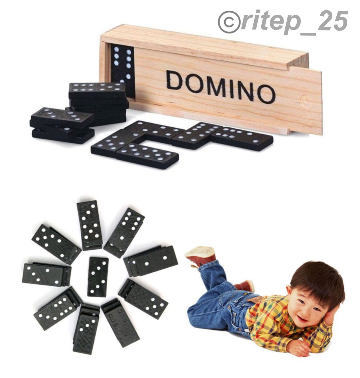 Standard DOMINOES Set of 28 Mini Black Double Six Domino Tiles With Wood Case