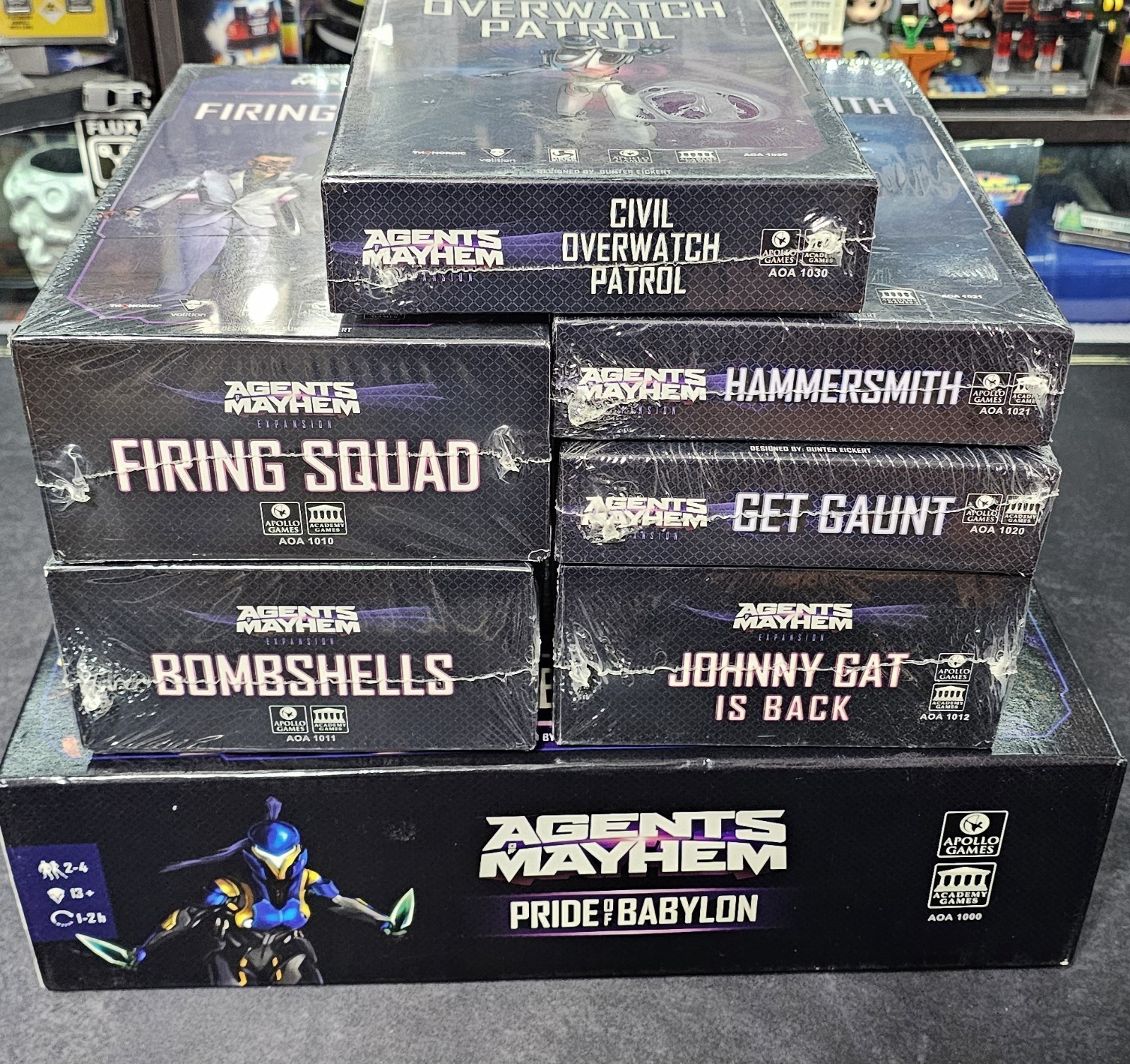 Agents of Mayhem Board Game + 6 Expansion Packs