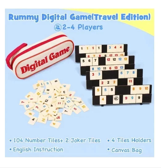Rummy Cube Game Set 106 Tiles with 4 Racks Portable Travel Case