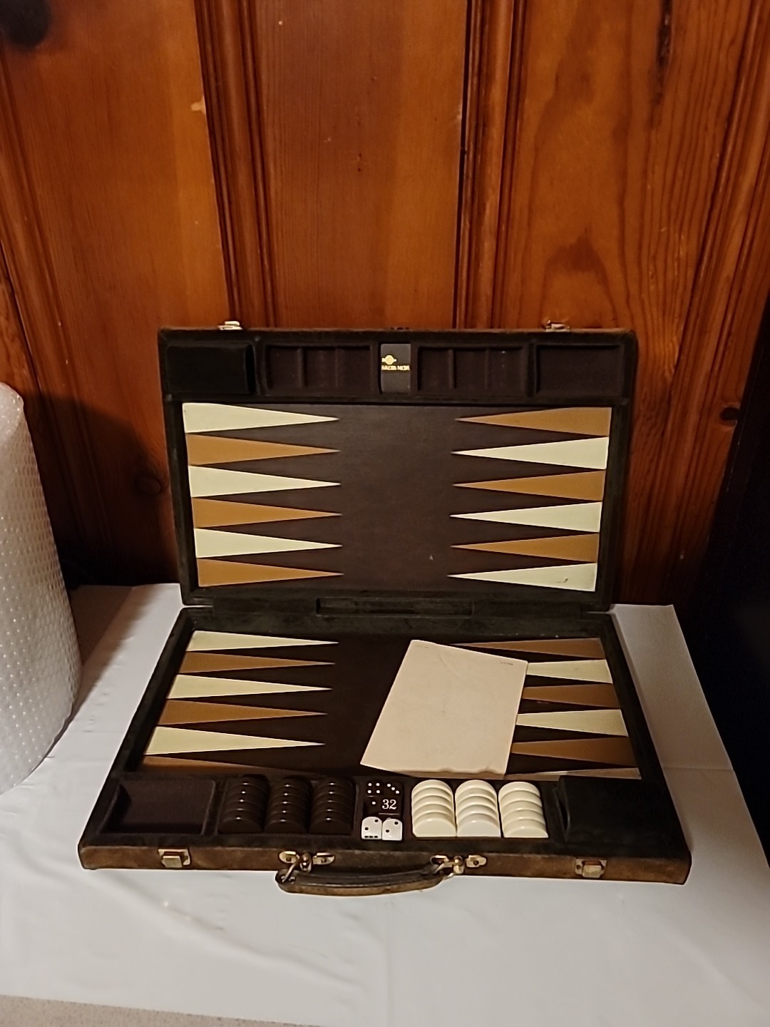 Vintage E.S. Lowe Deluxe Tournament Backgammon Set Felt Feaux Leather Skor Mor