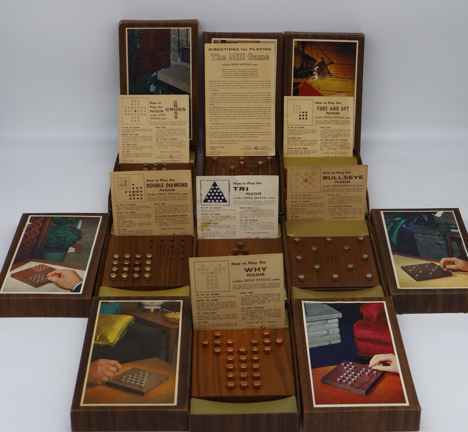 Vintage Hoyle Official Games Walnut Puzzle Set Complete 7 Games Stancraft 1964