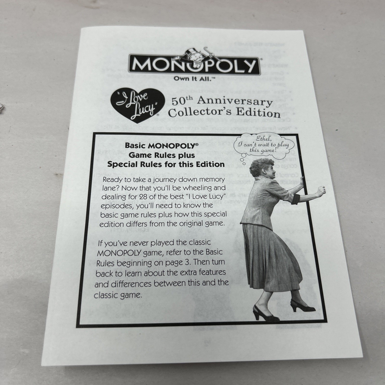 Hasbro Monopoly I Love Lucy 50th Anniversary Board Game 2001 Edition Complete