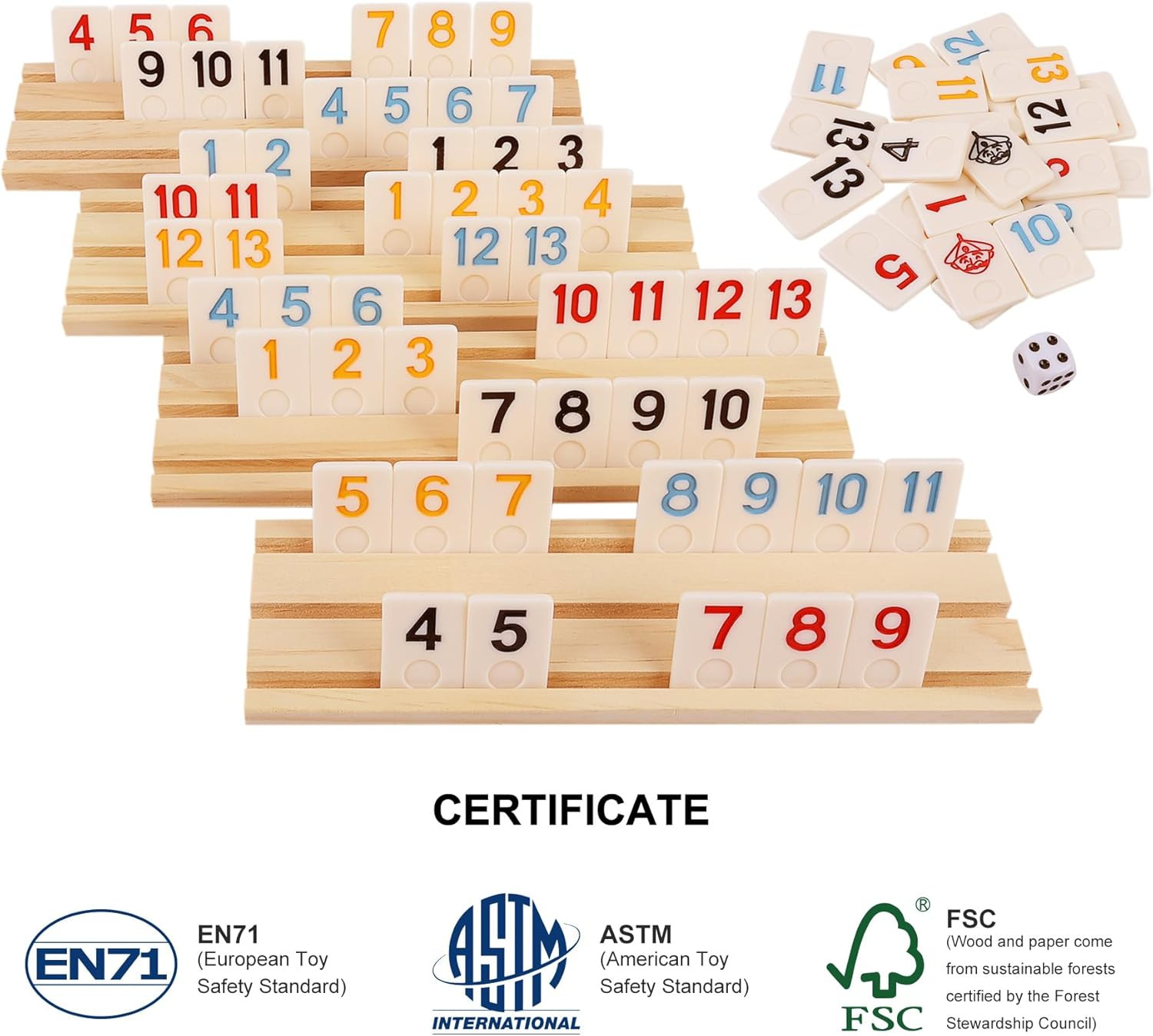 Upgraded Rummy Cube Game Set & 4 Wooden Racks, 106 Large Number Rummy Tiles and