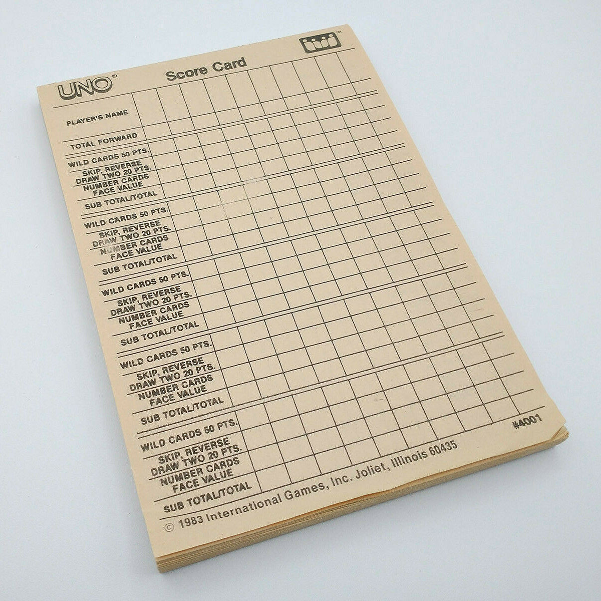 UNO Score Pad / 2 Sided Score Sheets in Box / 1984 Vintage International # 4001