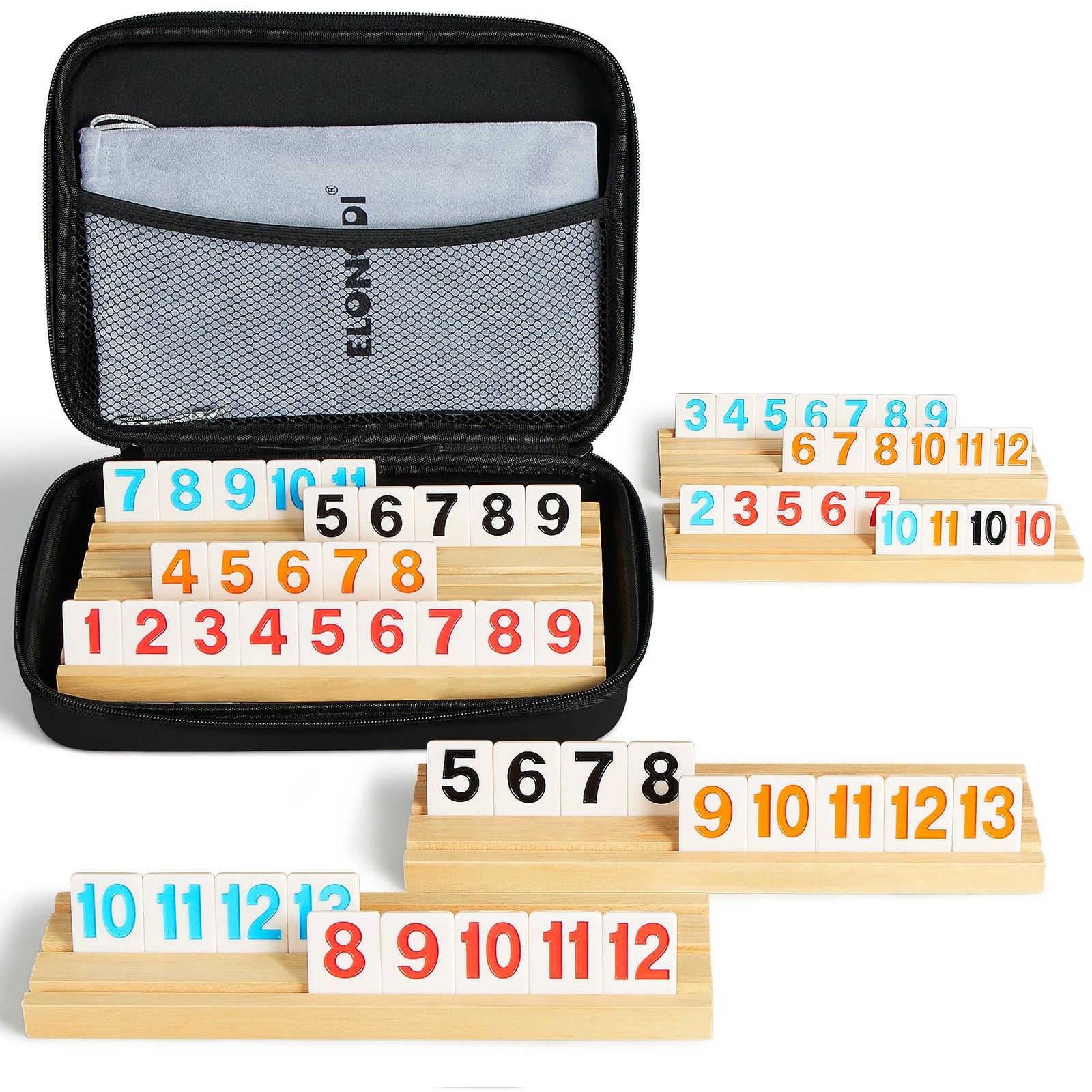 ELONGDI Rummy Cube Large Numbers Edition, Blue and White, Black, Natural Wood