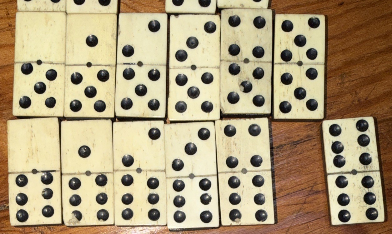 Antique Bone and Ebony Wood Dominos set 26 Dominos, Missing 2/4, 5/6 incomplete
