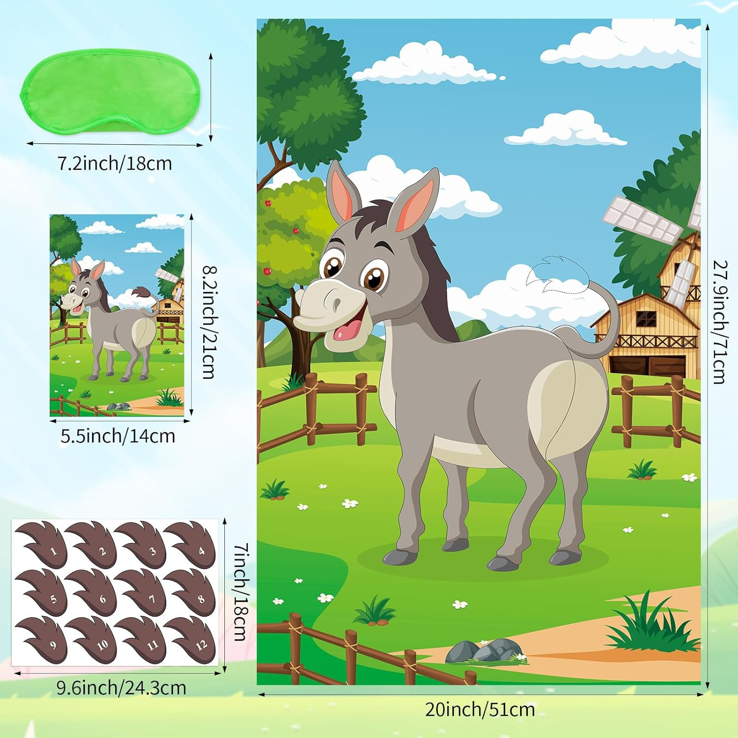 Pin The Tail On The Donkey Party Game with 48 Pcs Tails Large Farm Donkey Games