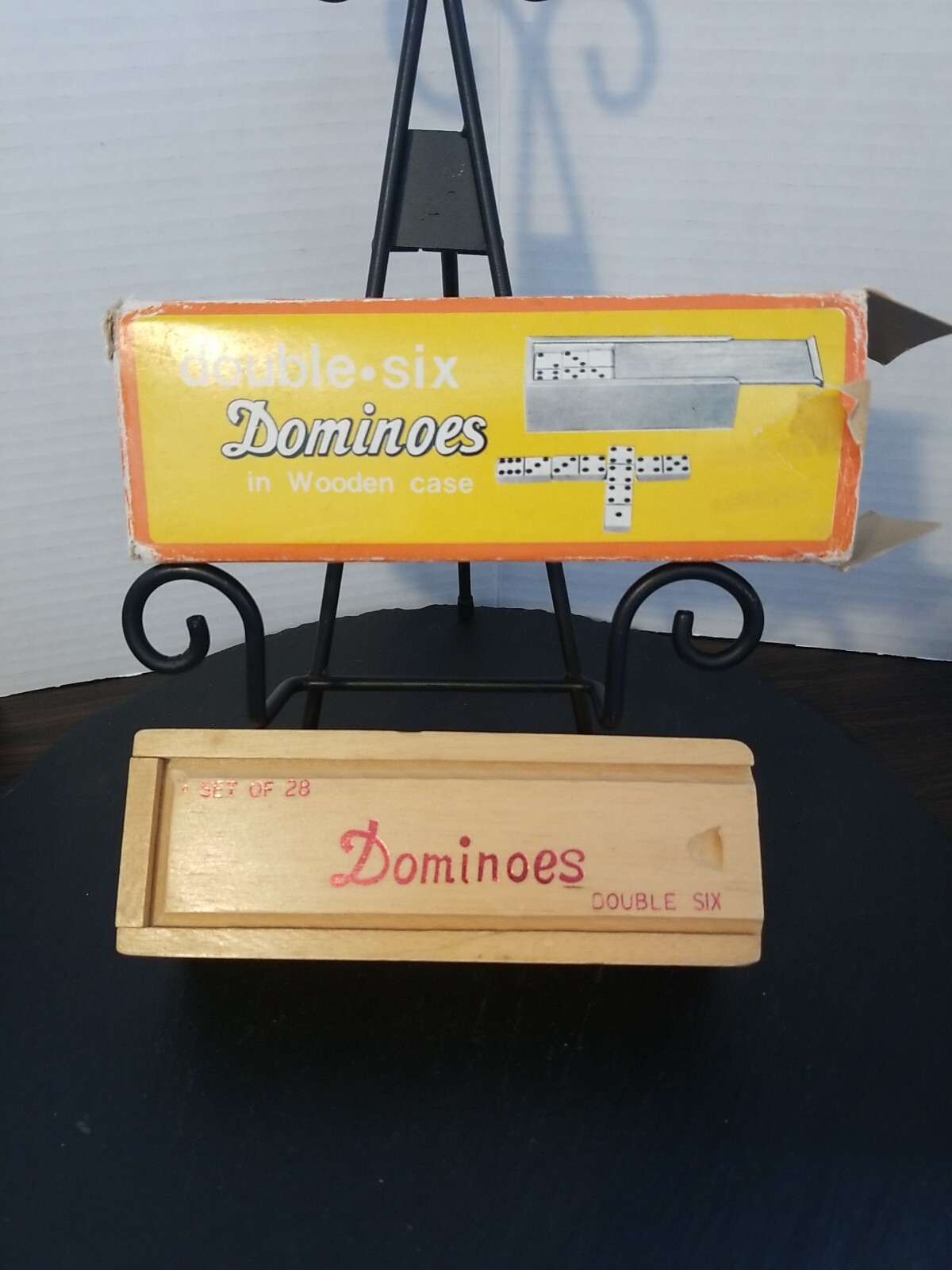 Hey! Play! VTG Double Six Dominoes Wood Dovetail Case, Original Box, 1980s