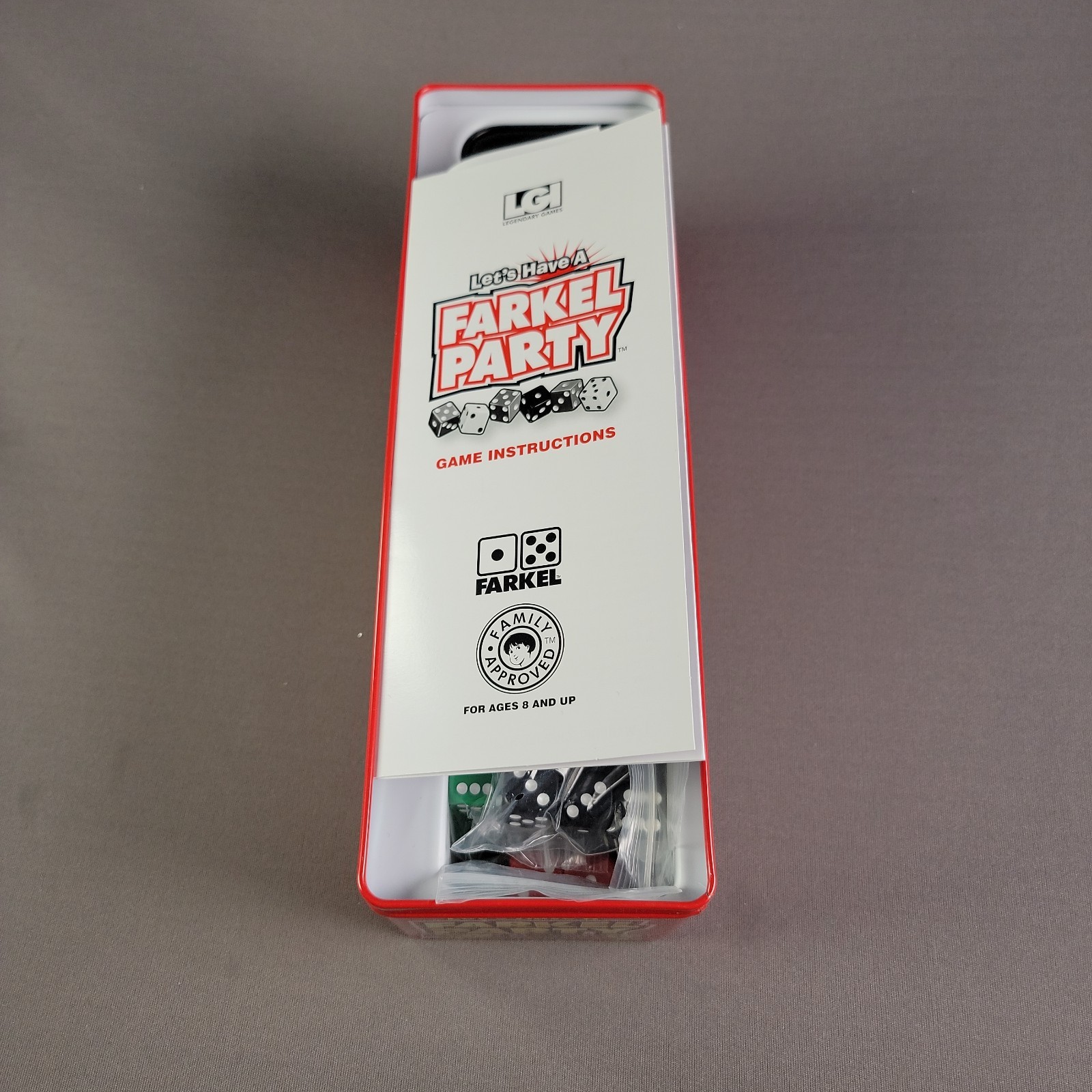 Farkel Party Dice Game Complete w. score cards & instructions original metal box