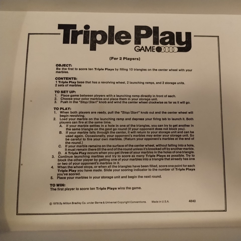 COMPLETE & WORKING: TRIPLE PLAY Skill & Action Board Game Milton Bradley 1978