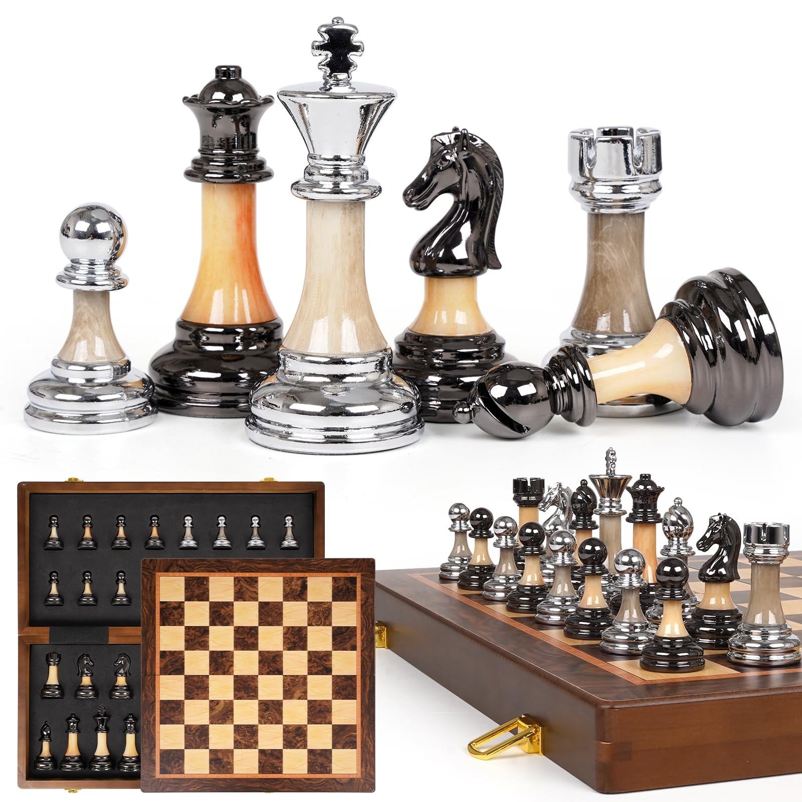 Luxury Large Chess Set 17 Inch Wooden Chess Board with Metal and Acrylic Ches…