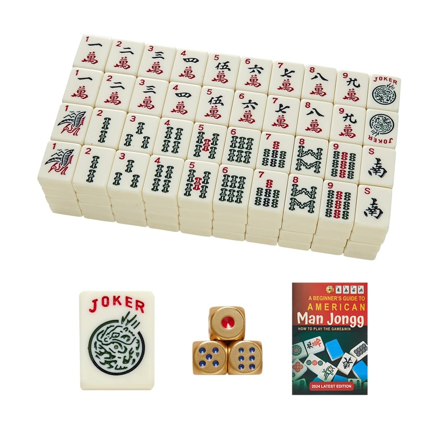American Mahjong Tiles,166 Quality Ivory Tiles with 3 Golden Dices & Rules In…