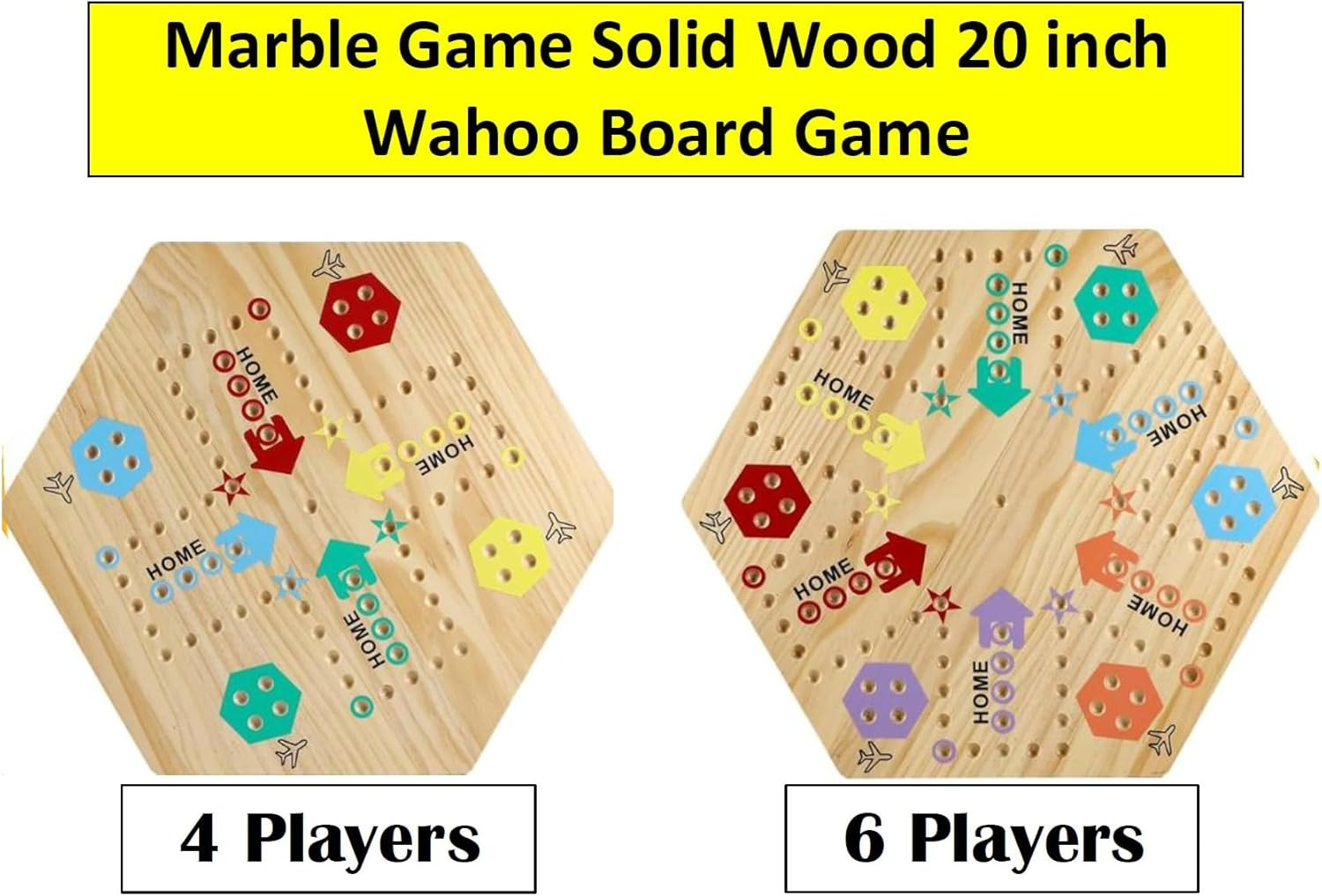 Wooden Wahoo Marble Board Game , Double-Sided, for 2-6 Players, with 24 Marbles