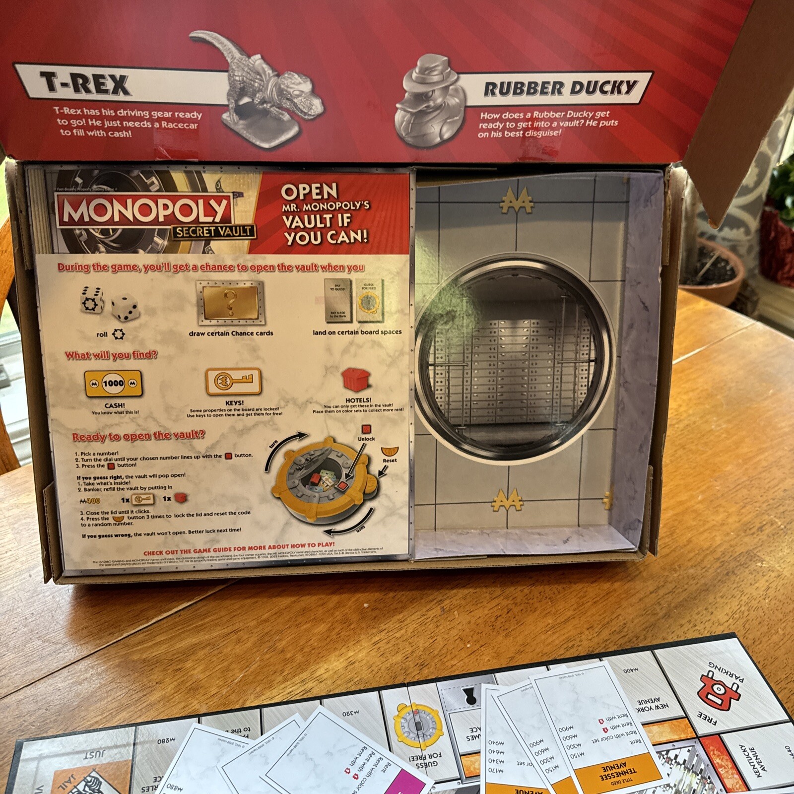MONOPOLY Secret Vault Board Game Cat Dinosaur 99% Complete Missing Dice