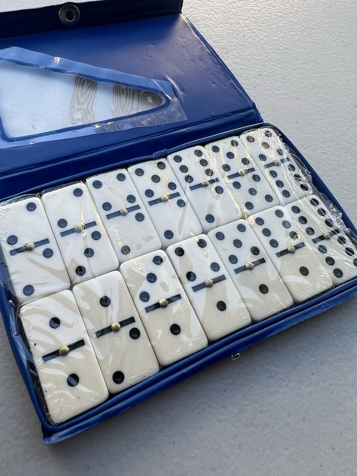 Vintage Blue Double Six Dominoes Set 28 Pieces Vinyl Travel Case