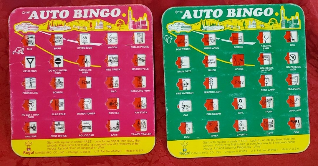 2x Auto Bingo Game Cards 1 Green 1 Pink Vintage by Regal USA Travel Road Trip