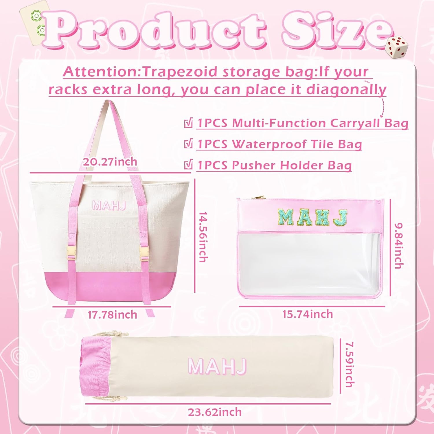 Empty Mahjong Tile Bags Set for American Tiles and Racks,Canvas Tote Bag with Ma