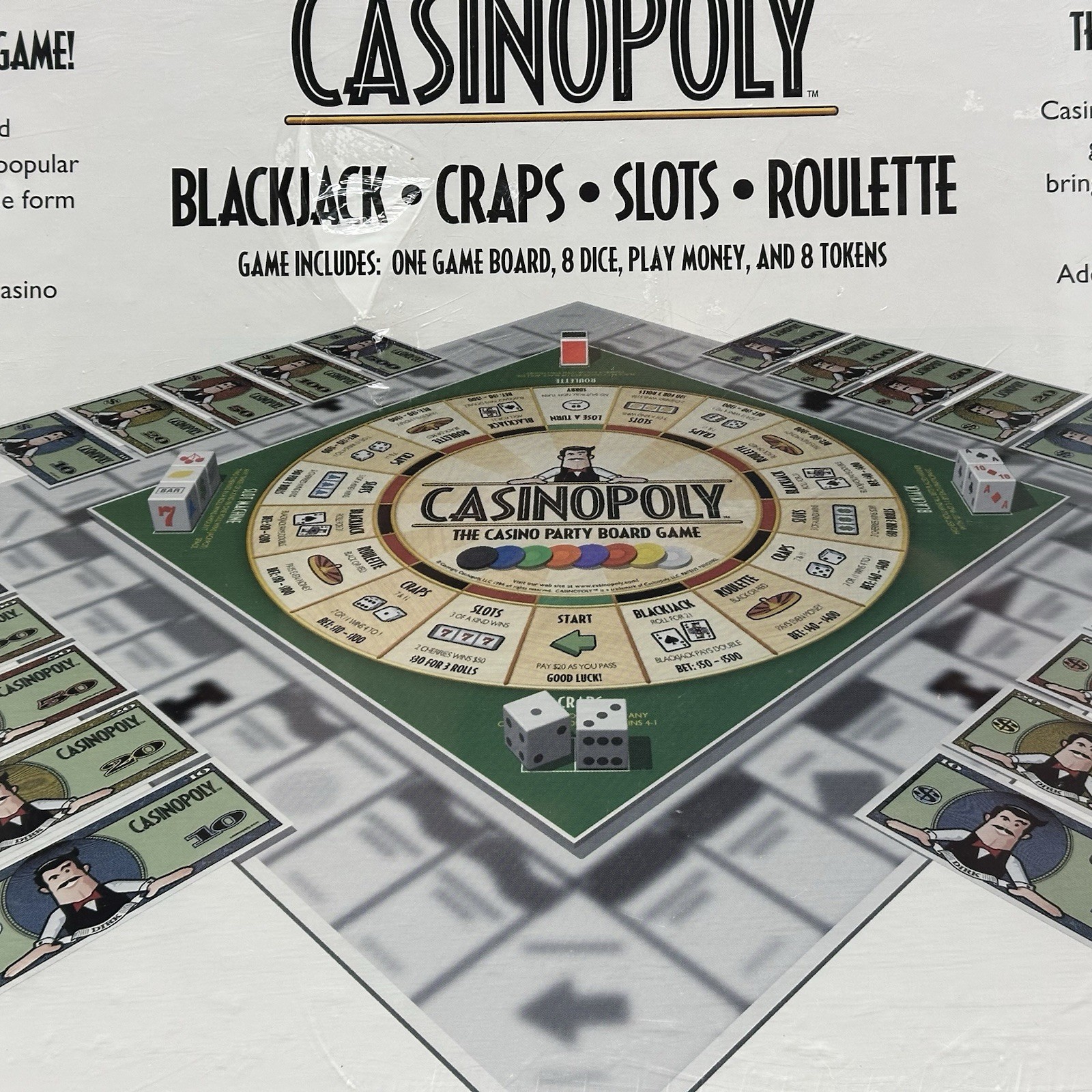CASINOPOLY Casino Party Board Game 2001 Blackjack Craps Slots Roulette Ages 12+