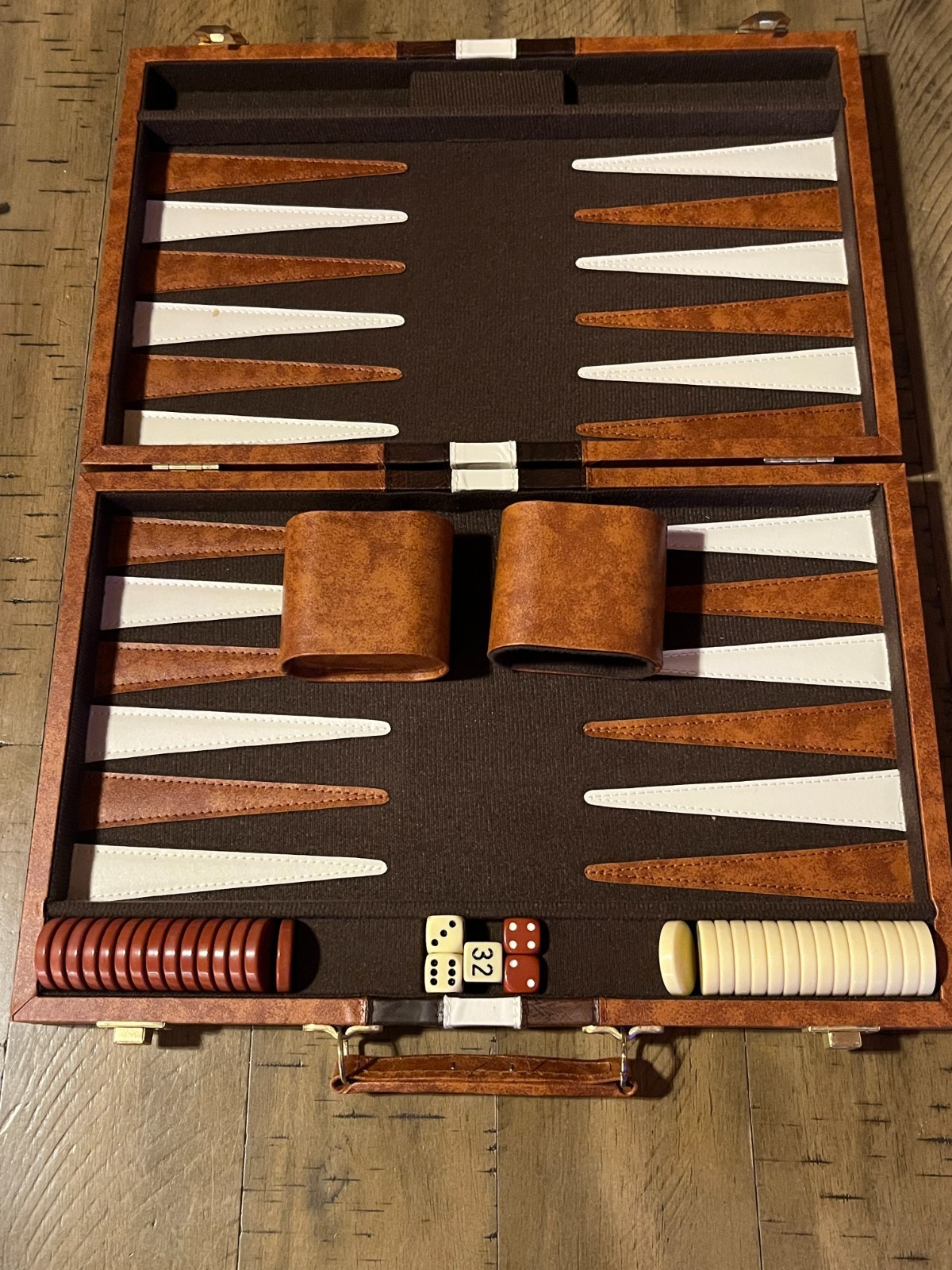 Vintage Backgammon Game in Case Set 15×19″ Complete Brown Tan White