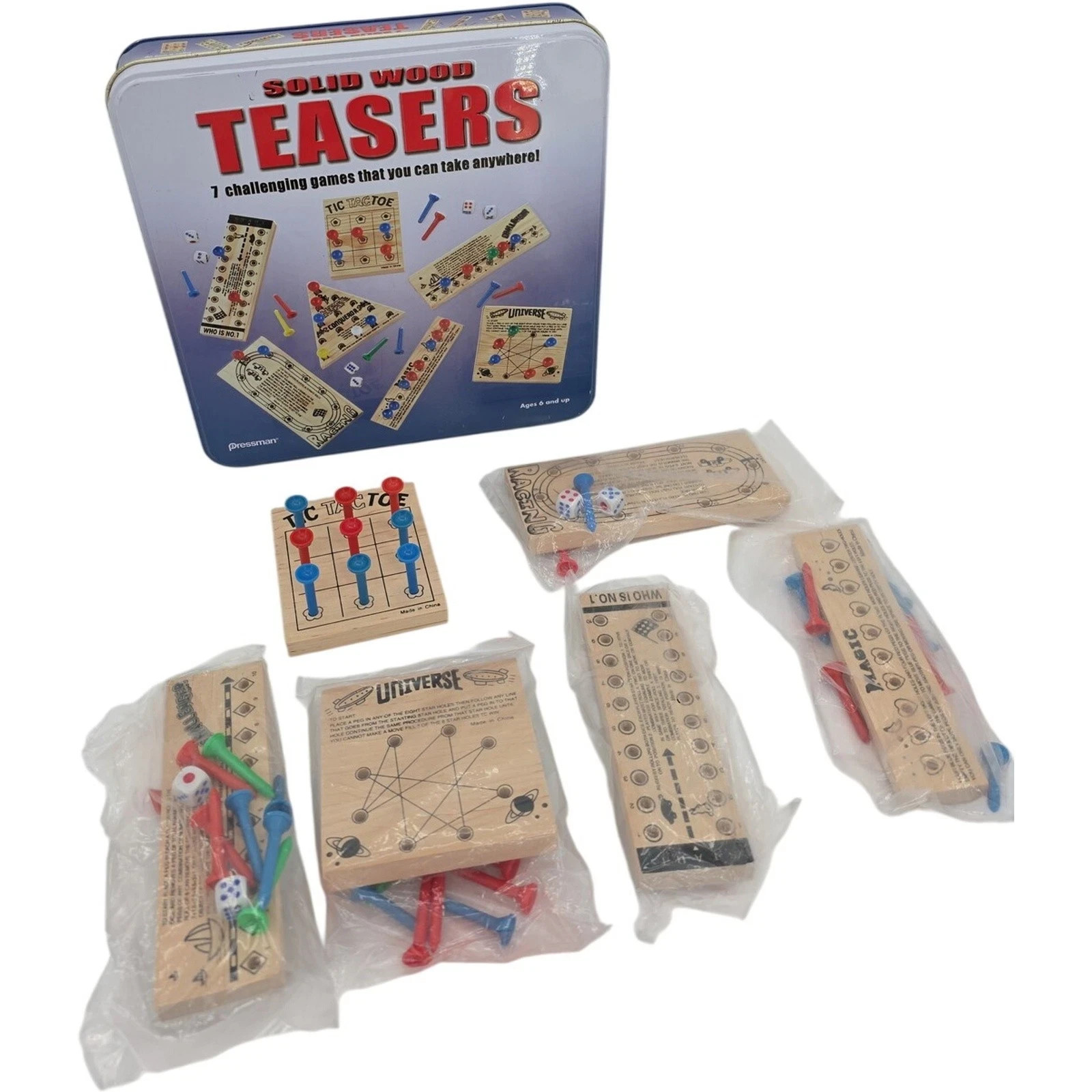 Pressman Solid Wood Teasers 7 Travel Puzzle Games Set w/ Tin Box #1806