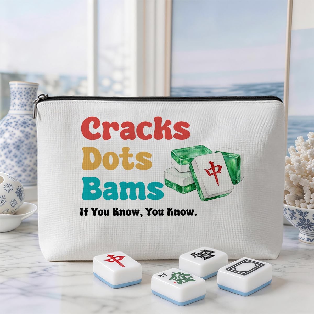 Blue Leaves Cracks Dots Bams Empty Mahjong Tile Bag and Makeup Bag Organizer …