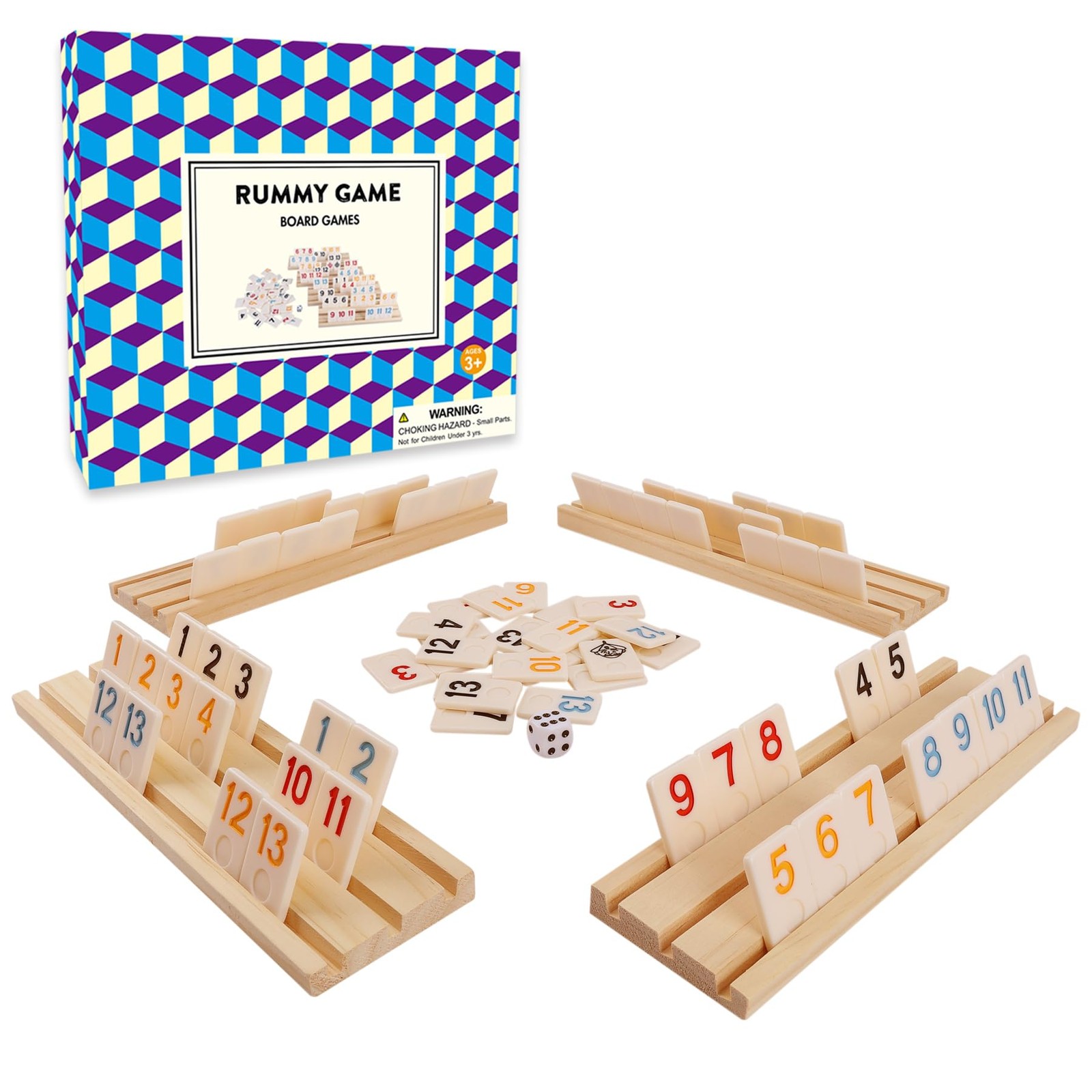 Upgraded Rummy Cube Game with 106 Large Number Rummy Tiles Set, 4 Wooden Racks &