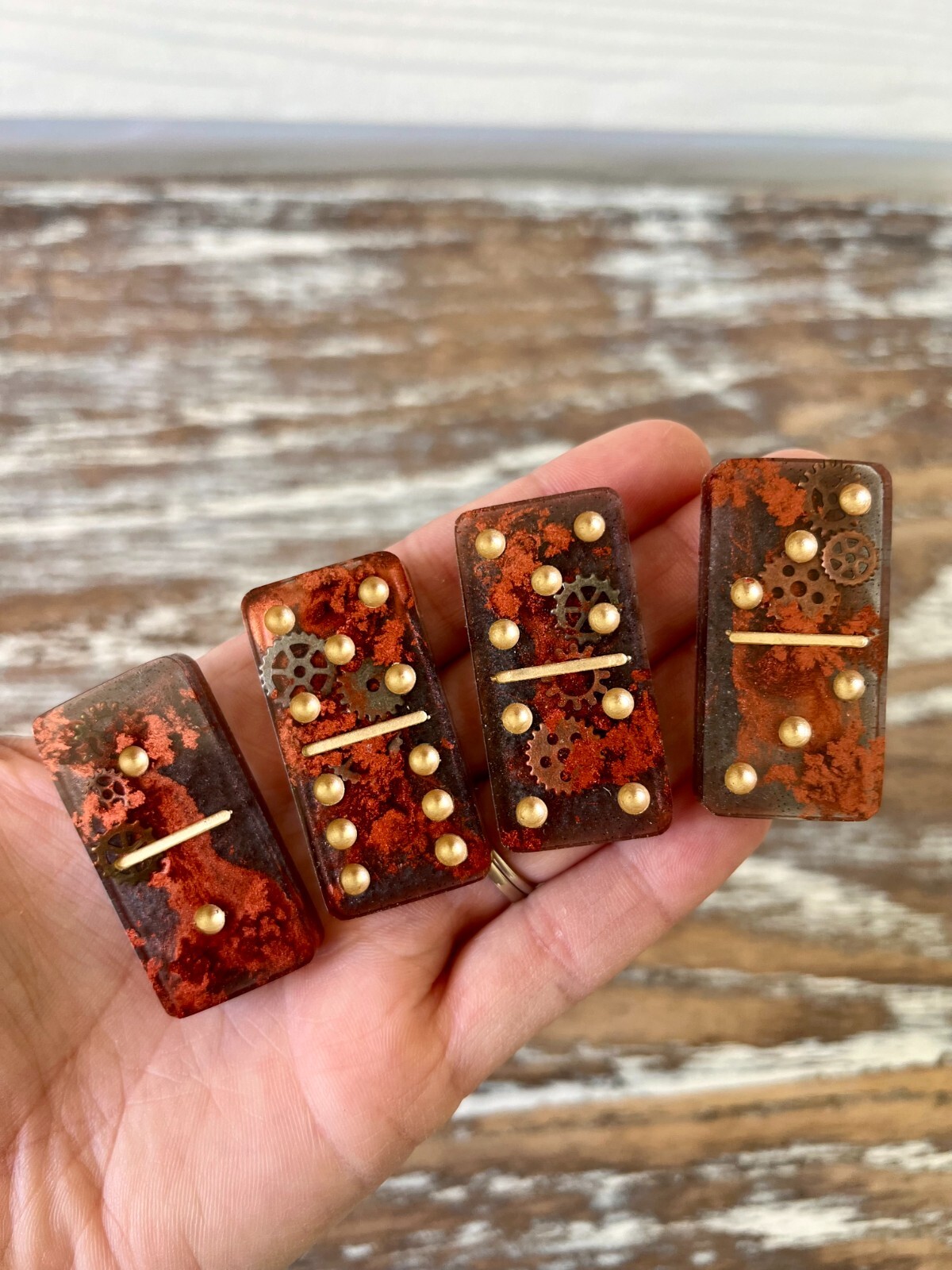 Old World Steampunk Resin Dominoes Game with Velvet Bag 28 pieces Handmade Gift