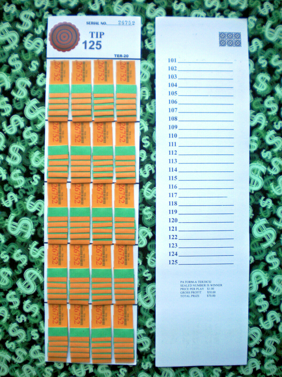 ( 1 Each ) 100 TER-20 REGULAR “NOT Sure” TIP BOARD {101-125} Pull Tab Jar Ticket