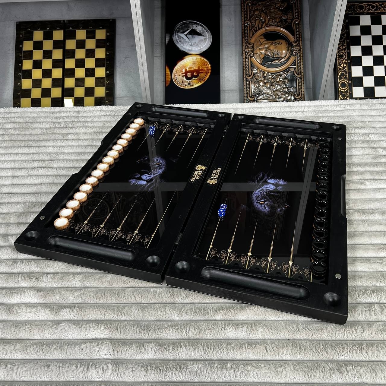 Tempered Glass Backgammon Set Lion Design, Game Board, Gift for Him 50cm (19.7″)