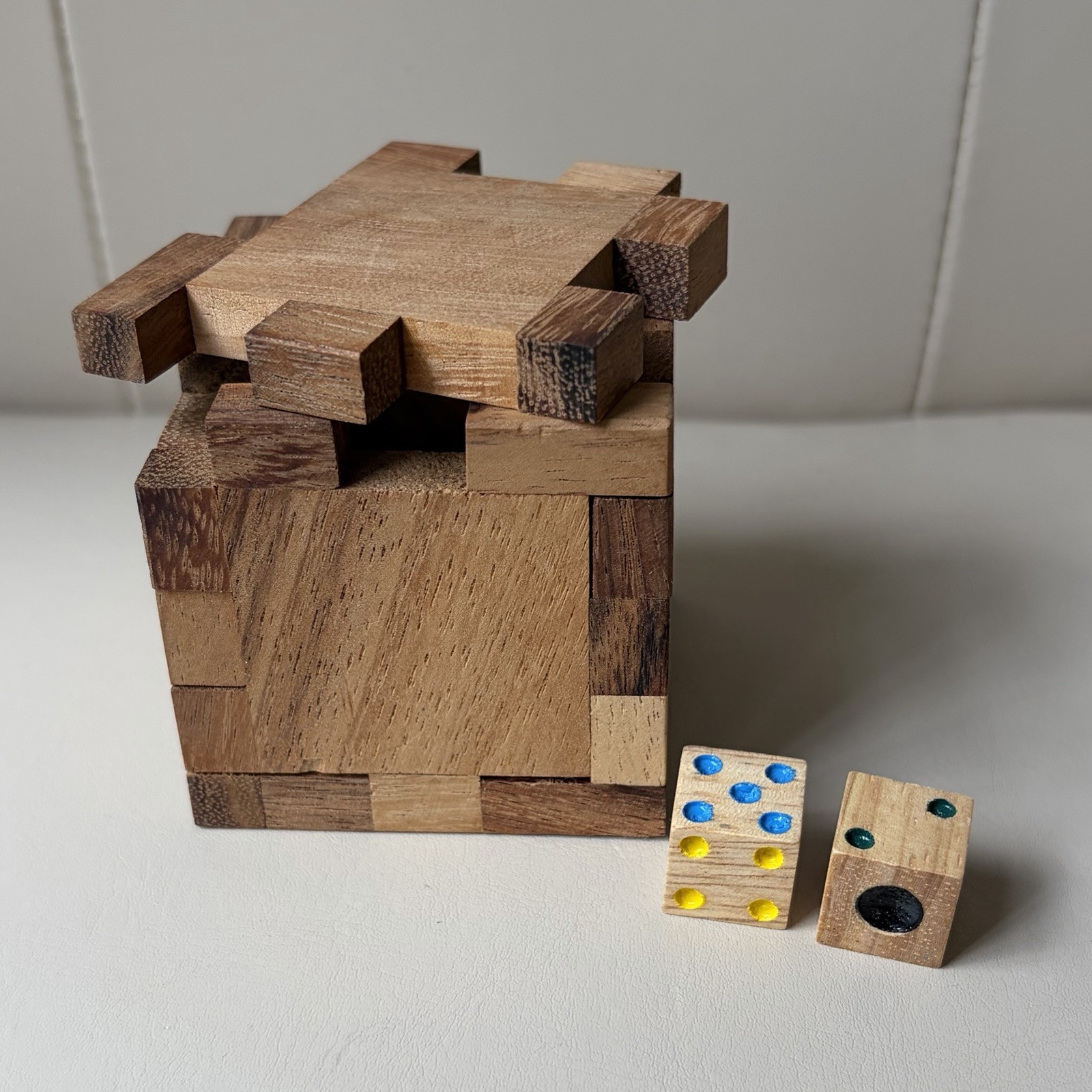Pair of Wood Dice & Wooden Storage Box Unique Puzzle Box Multi Colored Dots