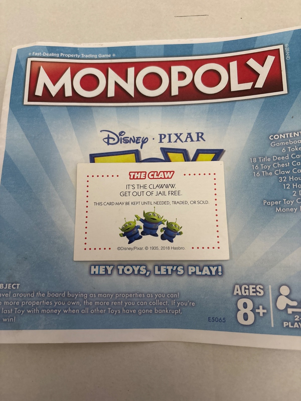 2018 Monopoly Toy Story Get Out Of Jail Free Chance Claw Card Game